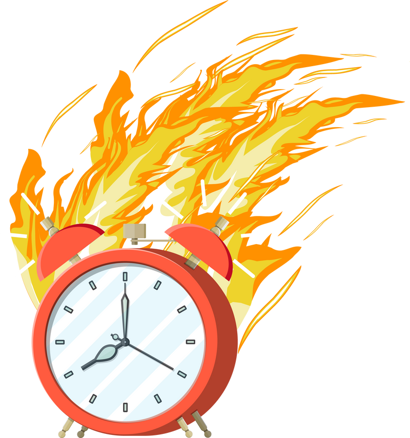 Red Alarm Clock in Fire. Burning Clock.